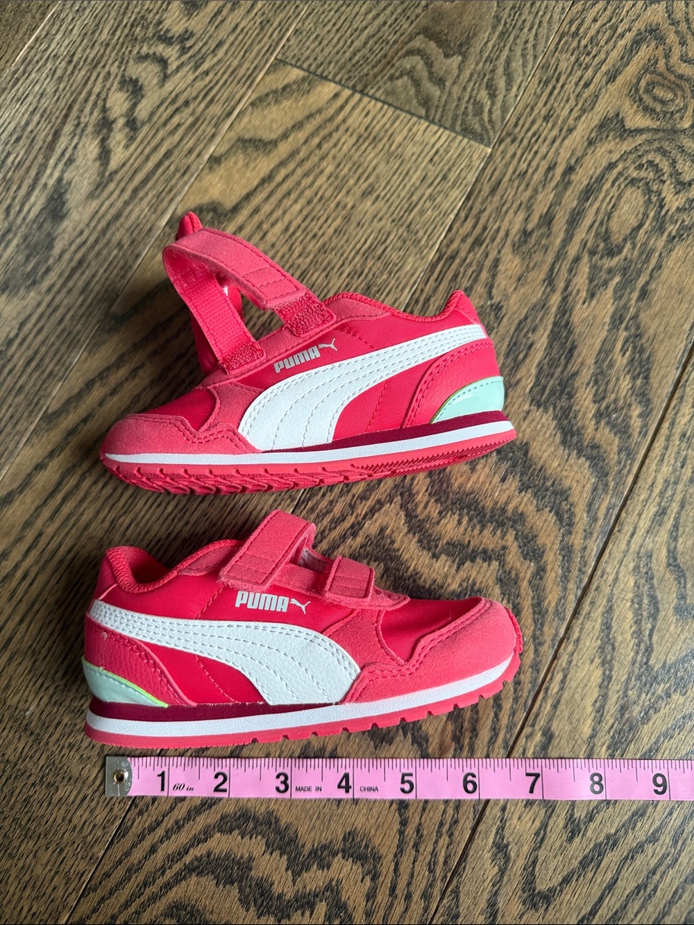 Puma Girls Bright Pink White Velcro Sneakers with Mint Accent size 8 toddler new